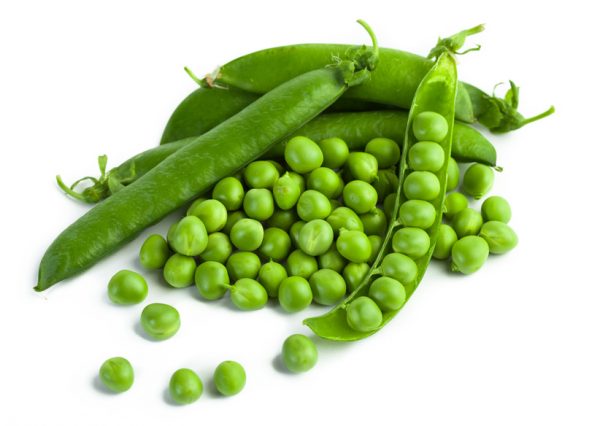 green pea pod, green peas, white background