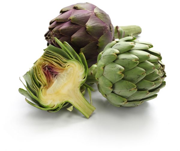 whole and half cut artichoke isolated on white background